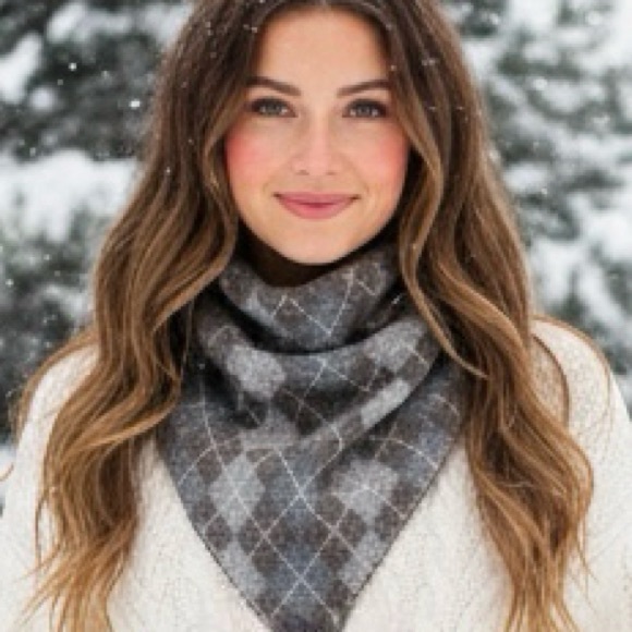 Cashmere Neckerchief Scarf in Gray and Taupe Argyle Handmade from Clan Douglas